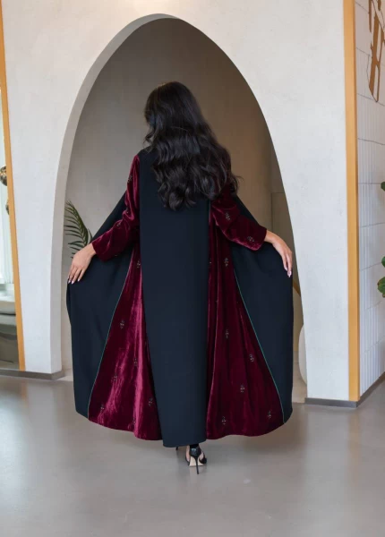 Black crepe abaya with burgundy velvet IB257 Black/red