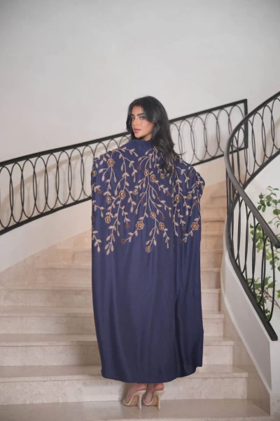 Linen bisht in navy blue with embroidery C:IB280 Navy